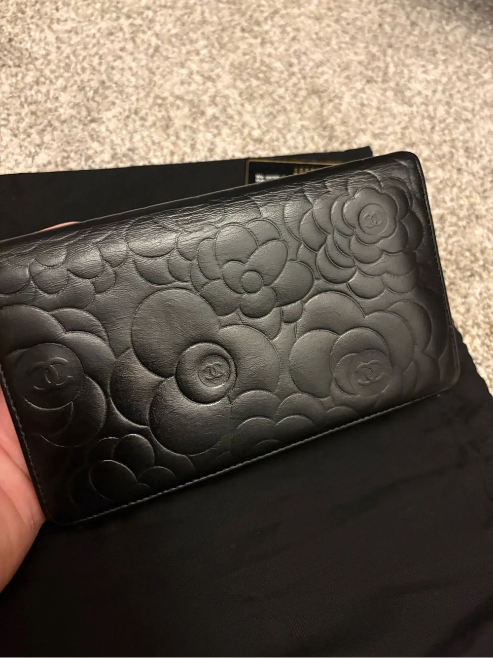 CHANEL Black Quilted Camellia Leather Long Wallet with CC Emblem, VGUC!
